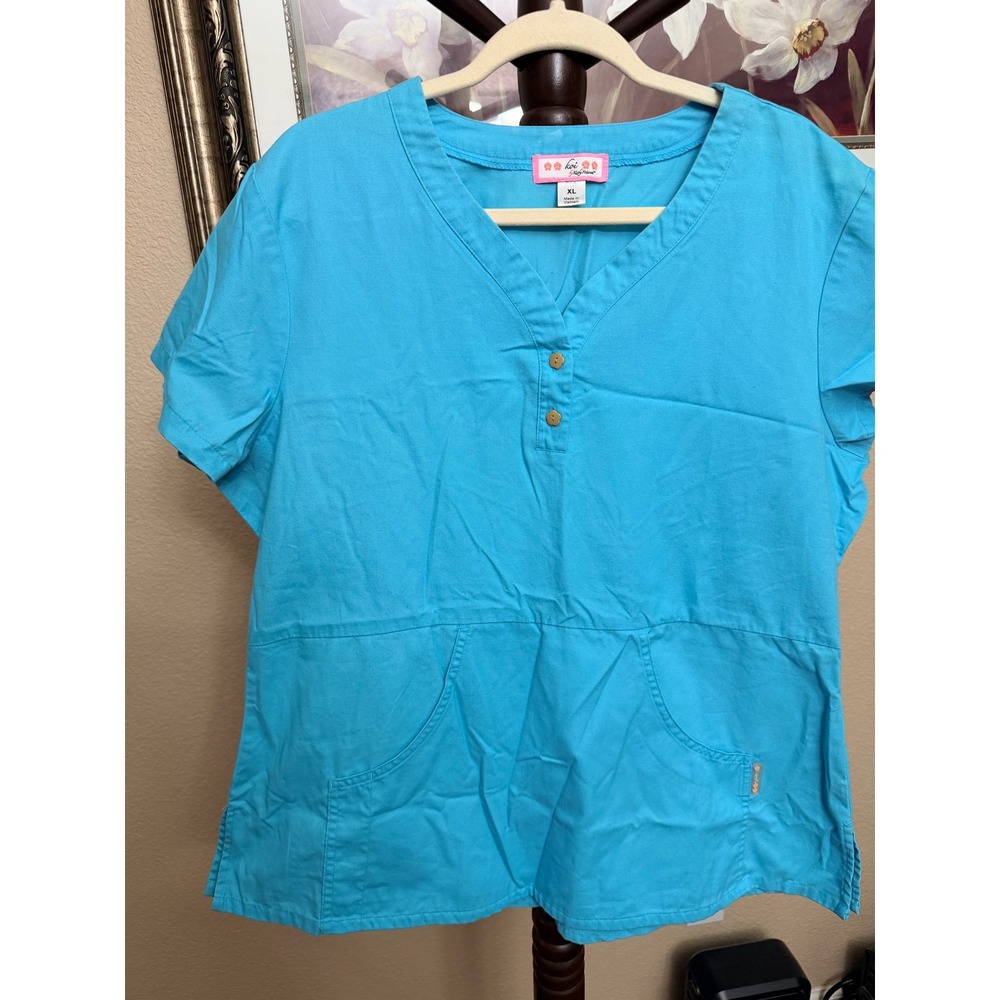 Koi by Kathy Peterson Womens XL Turquoise Blue Henley V-Neck Scrub Top A28